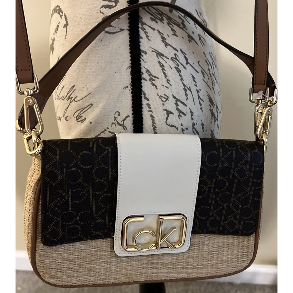 Calvin Klein Straw Monogram Flap Gold Tone Handbag Satchel Crossbody